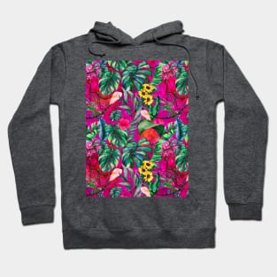 Cute tropical floral leaves botanical illustration, tropical plants,leaves and flowers, hot pink fuchsia leaves pattern Hoodie